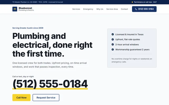 Bluebonnet Plumbing & Electric website